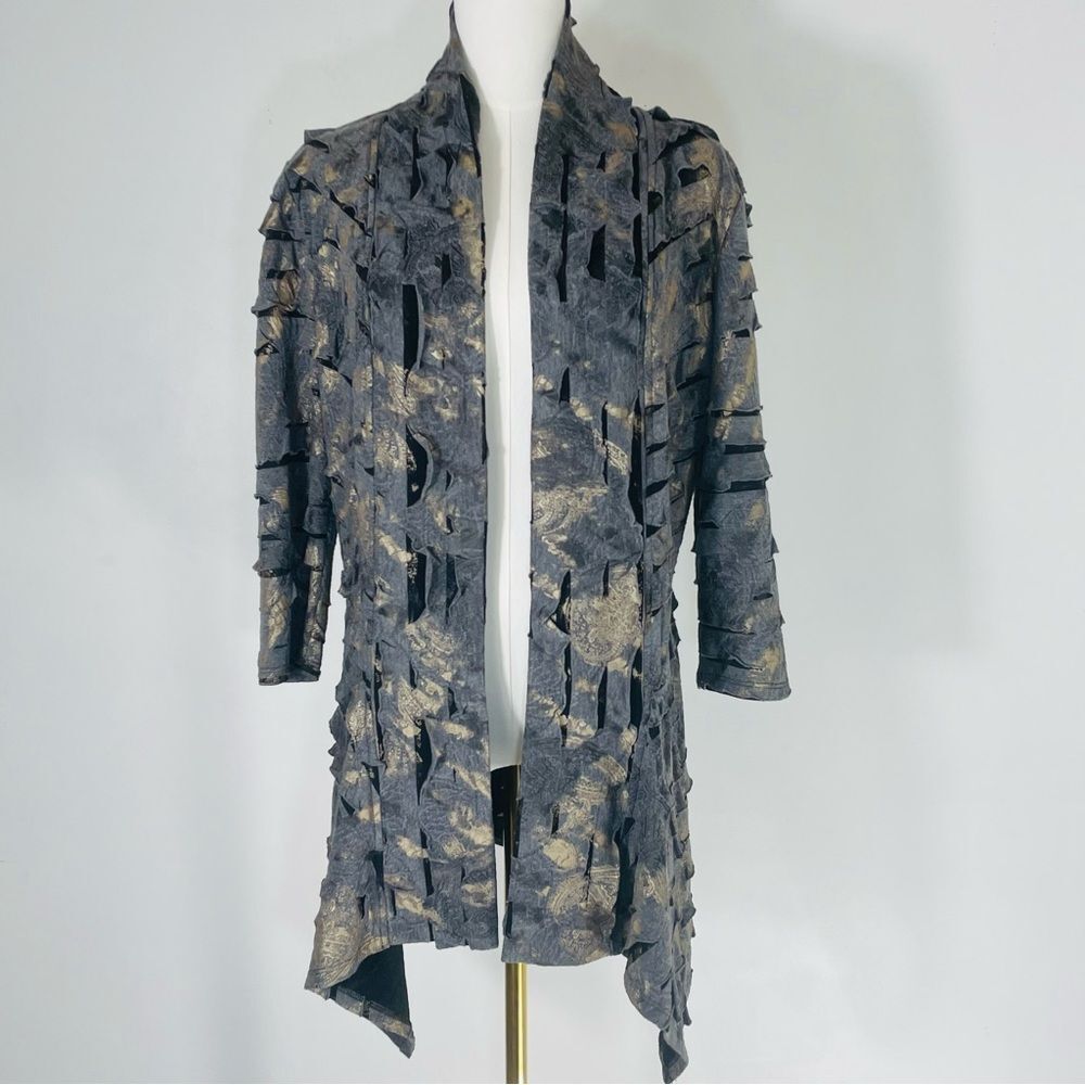 Frank Lyman Vintage Black & Gold Shredded w Elastic Open Cardigan/Jacket Size 8